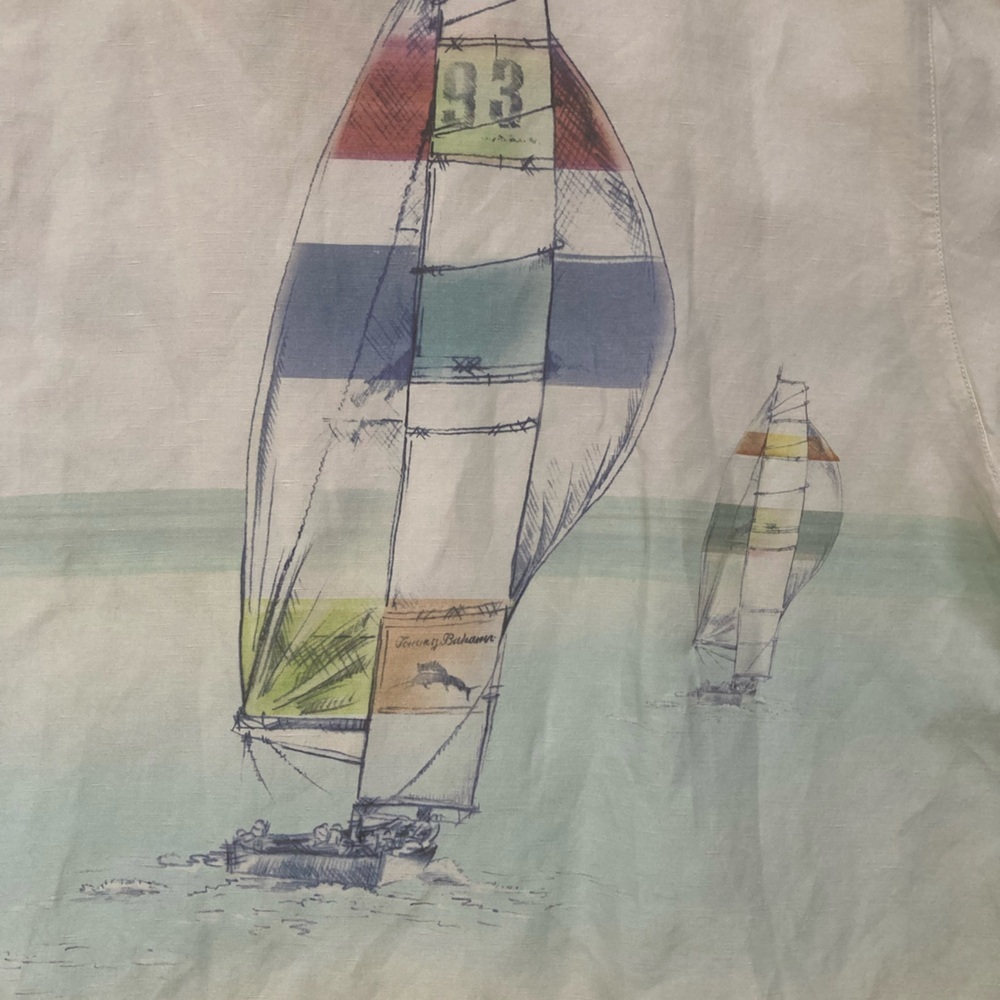Tommy Bahama Shirt Mens  White Linen Silk Collectors Edition Sailboat Art - Picture 6 of 11